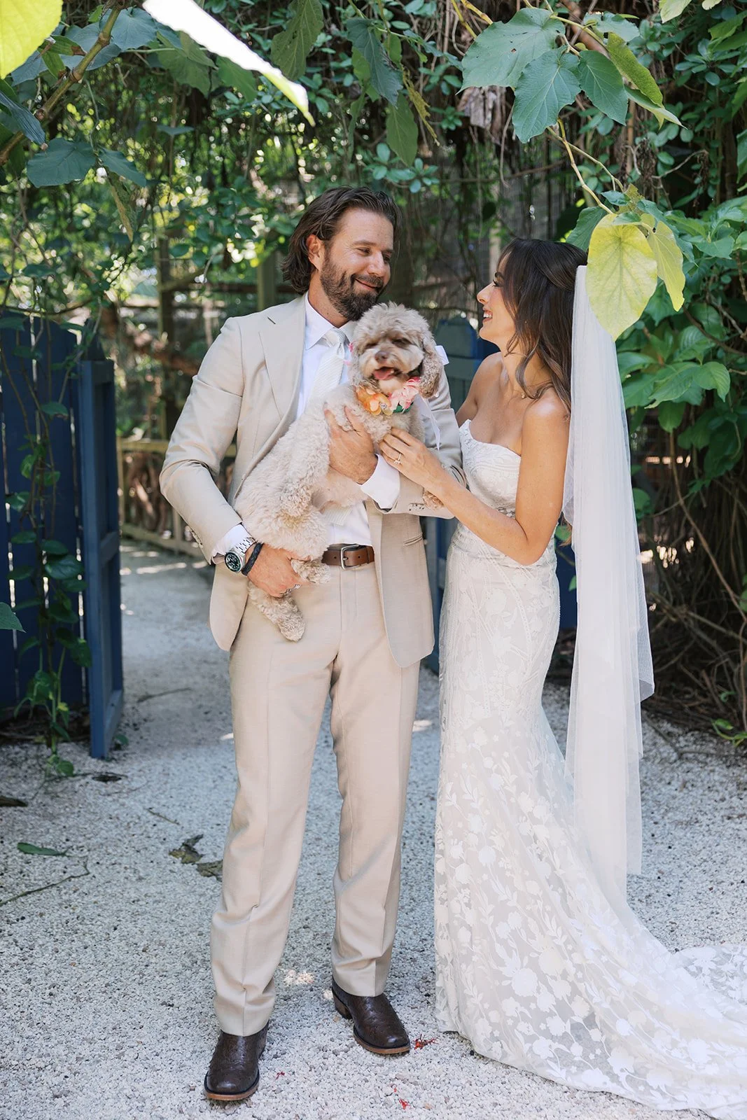 A bride and groom smiling at each other outdoors, holding a small dog between them. The groom is wearing a beige suit, and the bride is in a white lace wedding dress. Lush green foliage surrounds them.