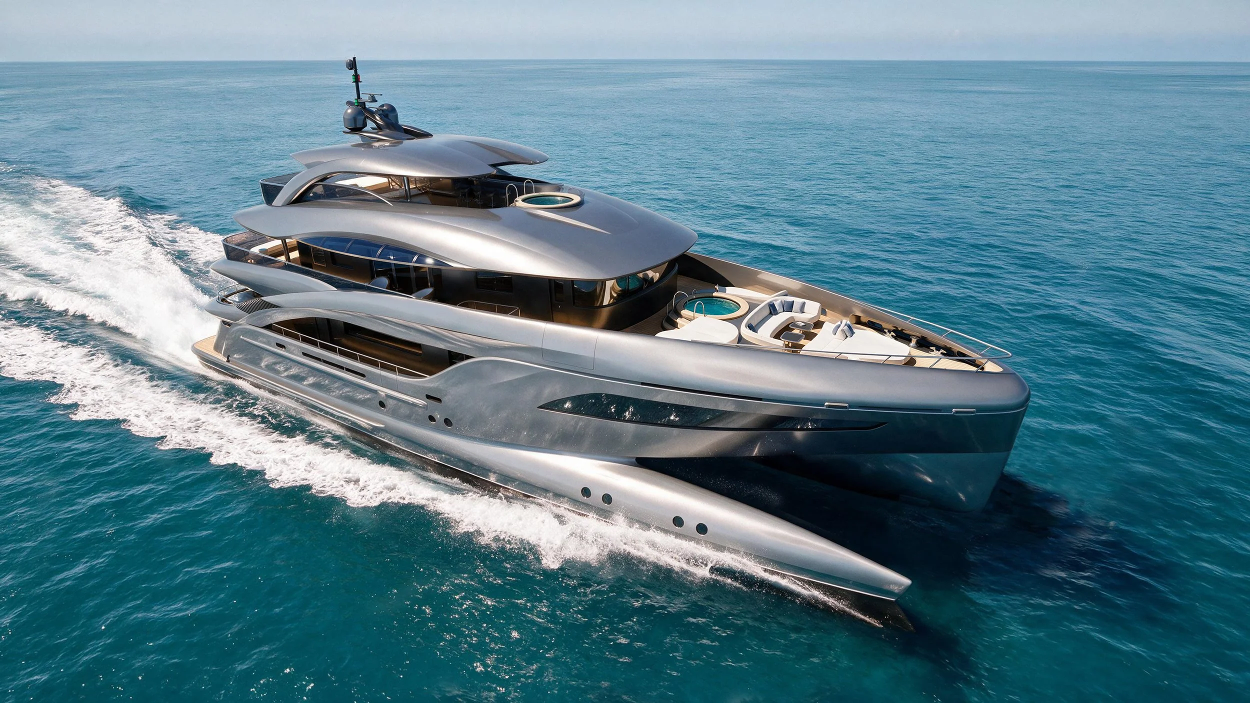 Wavepiercer superyacht with metal color finish going across the ocean