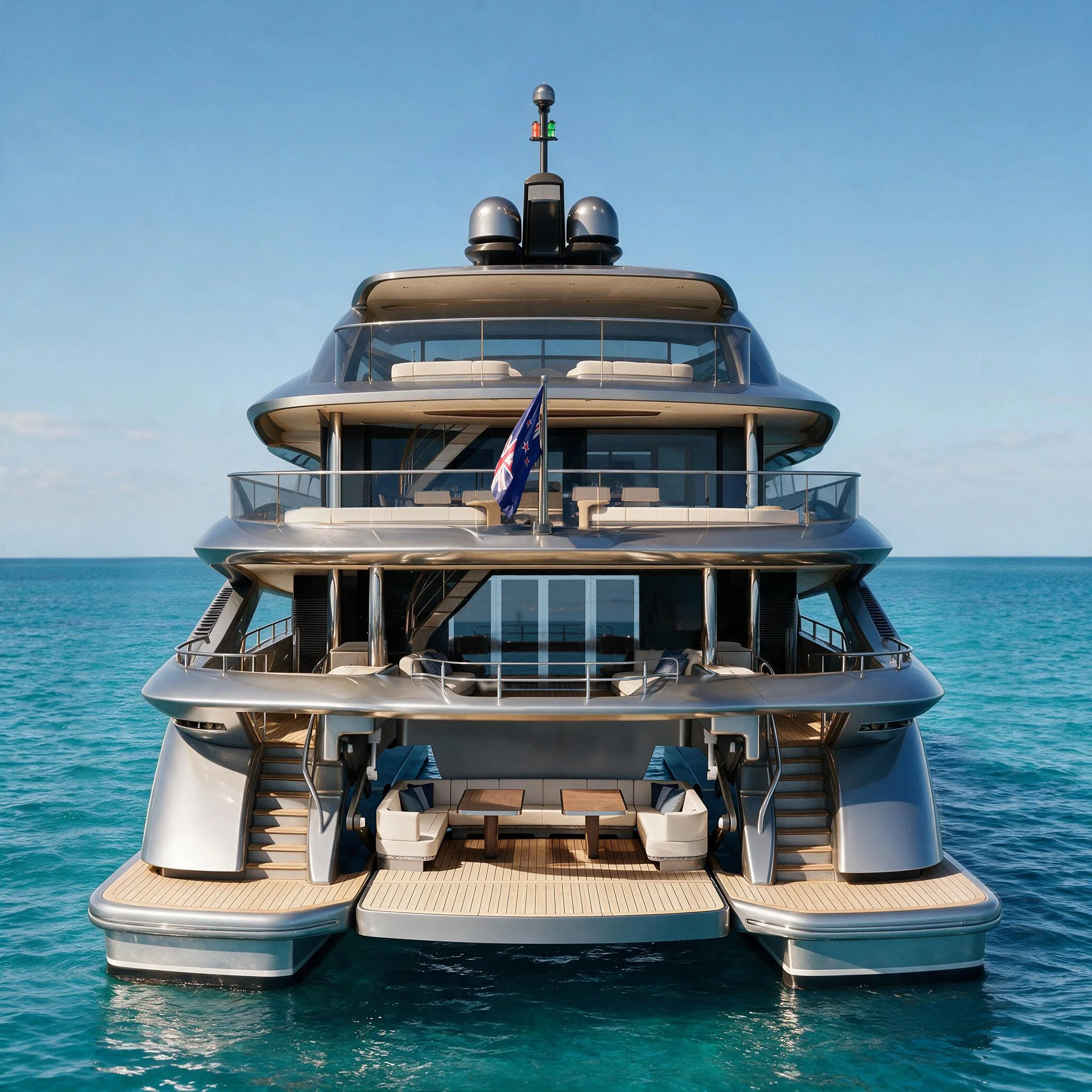 Superyacht stern view with multiple levels, metalic color on the calm ocean