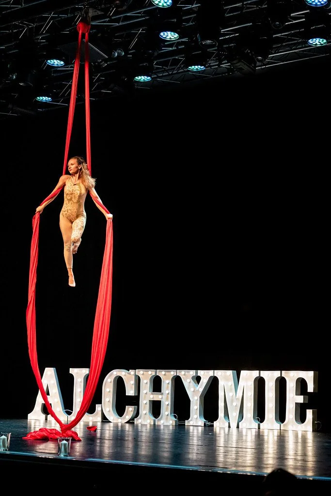 A female aerial silk performer hanging from red silks on stage with large illuminated letters spelling 'ALCYONE' in the background.