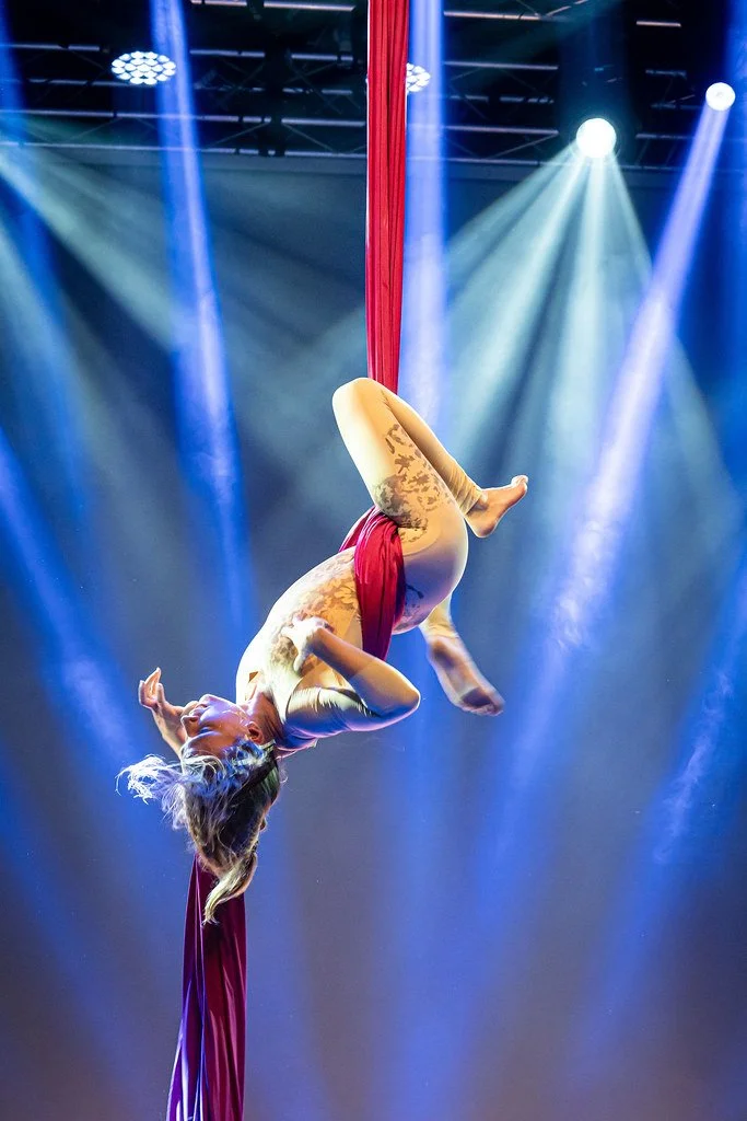 Ivy Kolcun performing an inverted aerial silk pose on stage with bright blue spotlights during Alchymie Zeny festival