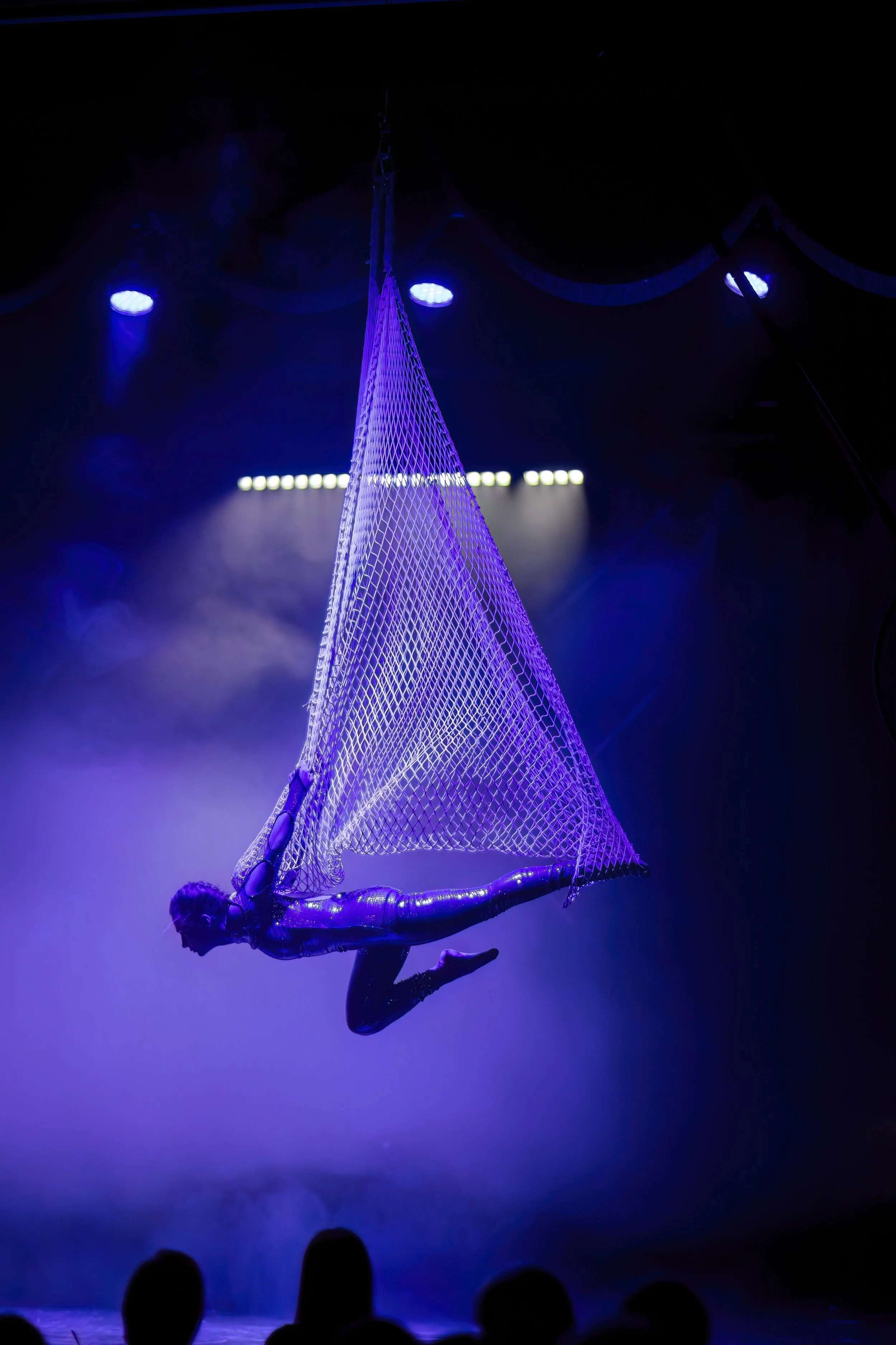 Aerial performer in a black bodysuit and makeup flying in a purple-lit trapeze net during a circus act.