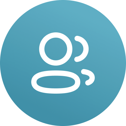 Icon of a person standing, with a circular head and simple body outline, on a blue circular background.