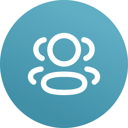 Icon of a person's head and shoulders with four curved lines around it, representing a group or community, on a blue background.