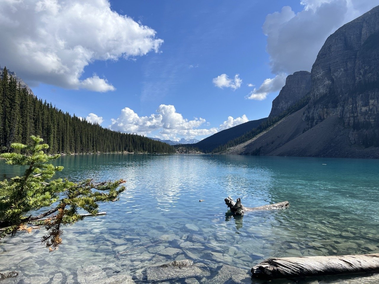 Scenic landscape of a clear blue lake surrounded by evergreen trees on the left, with mountainous terrain on the right, and a partly cloudy sky above.