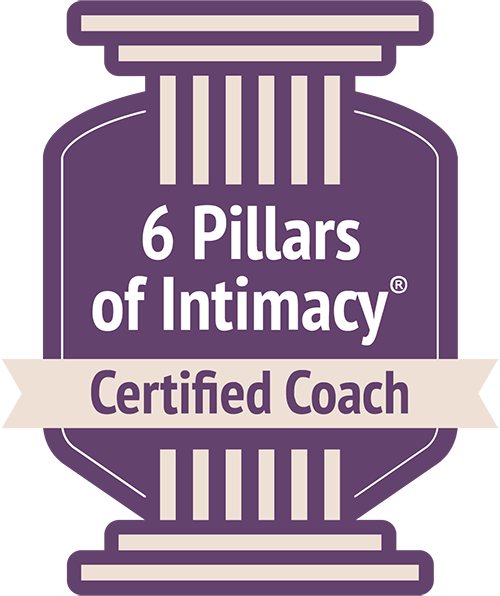 Logo for 6 Pillars of Intimacy Certified Coach program featuring a purple and beige design with pillars