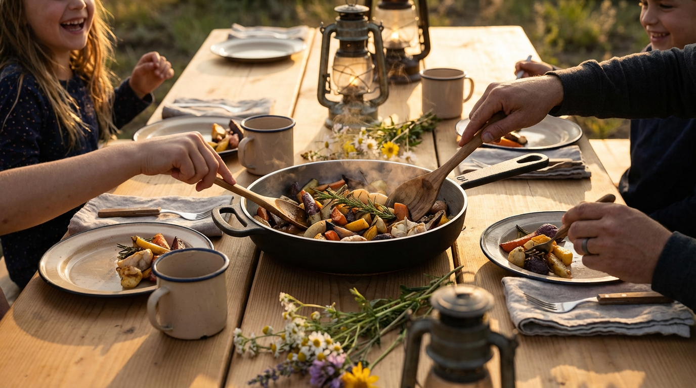A_long_wooden_camp_table_set_outdoors_at_golden_hour__The_Field_Skillet_No__10_placed_at_the_center_.png