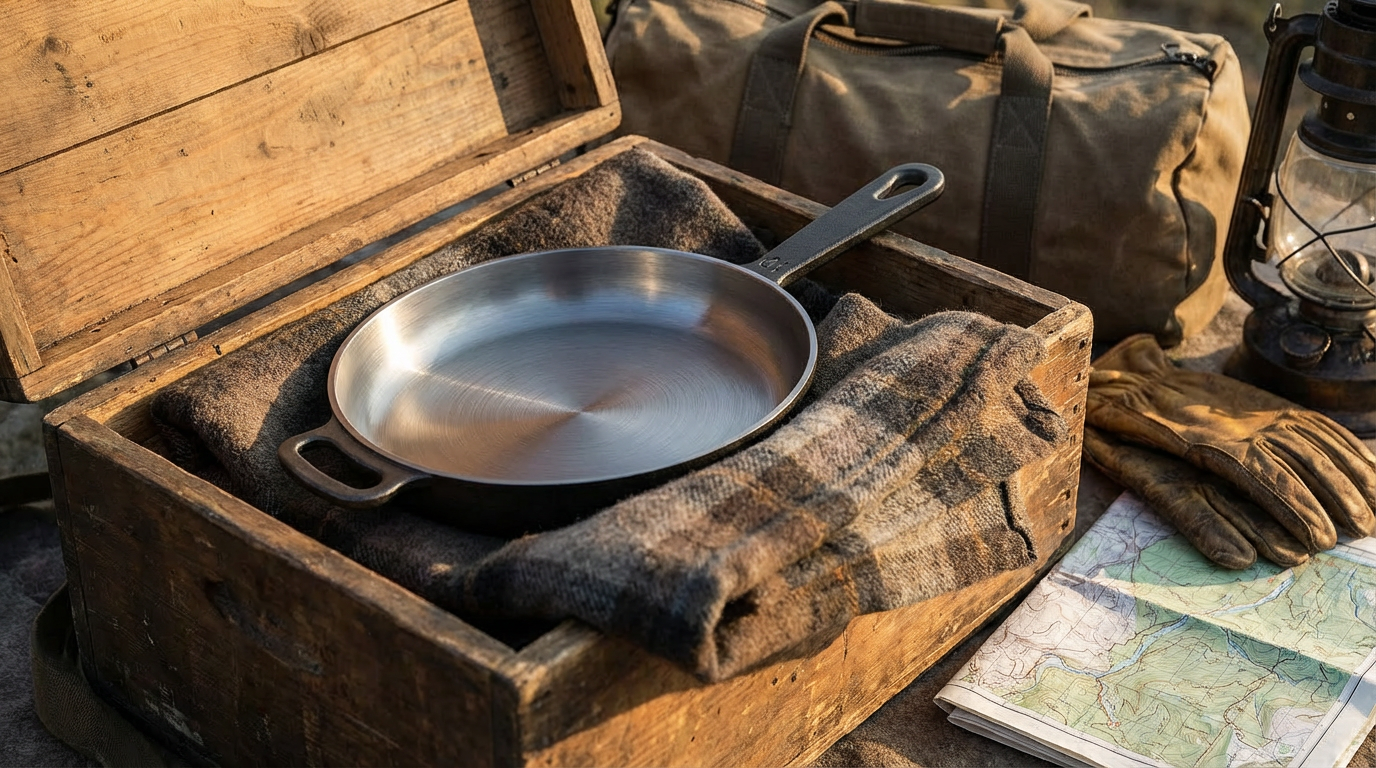 The_Field_Skillet_No__10_nested_inside_a_rugged_wooden_camp_box__cushioned_with_a_folded_wool_cloth_.webp