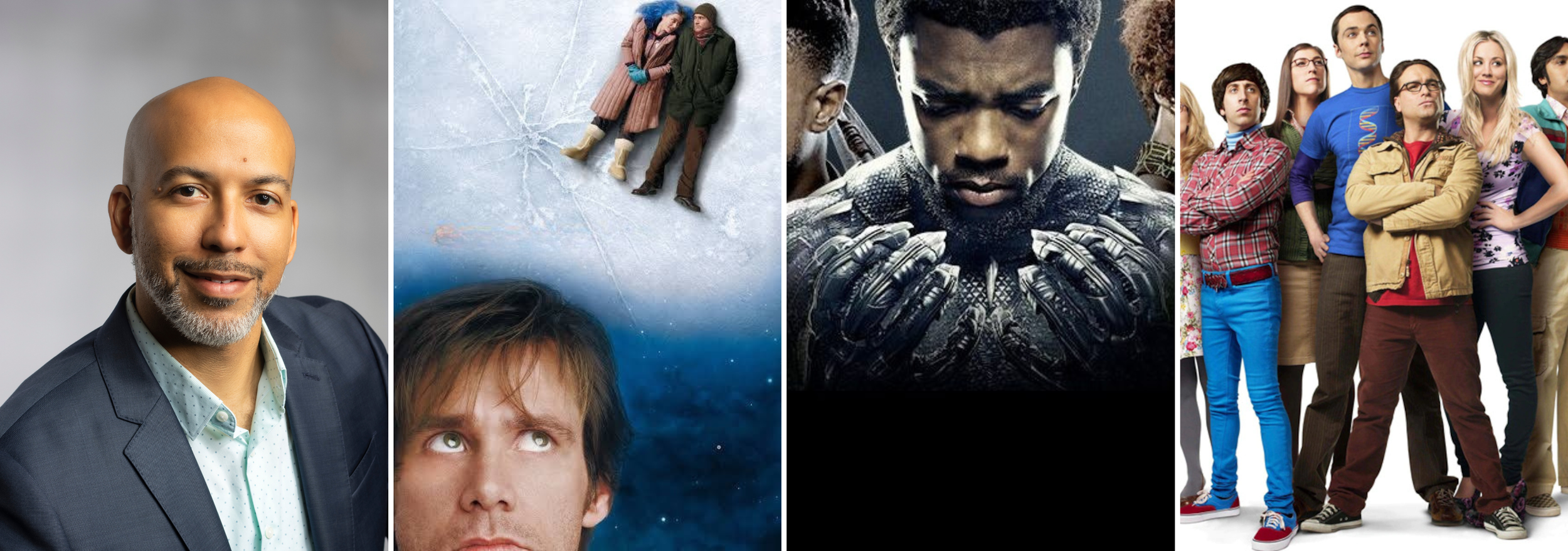 Collage of four images: a professional man in a suit smiling, two people lying on ice with winter clothing, a man with a black panther costume, and a diverse group of young adults in casual clothing.