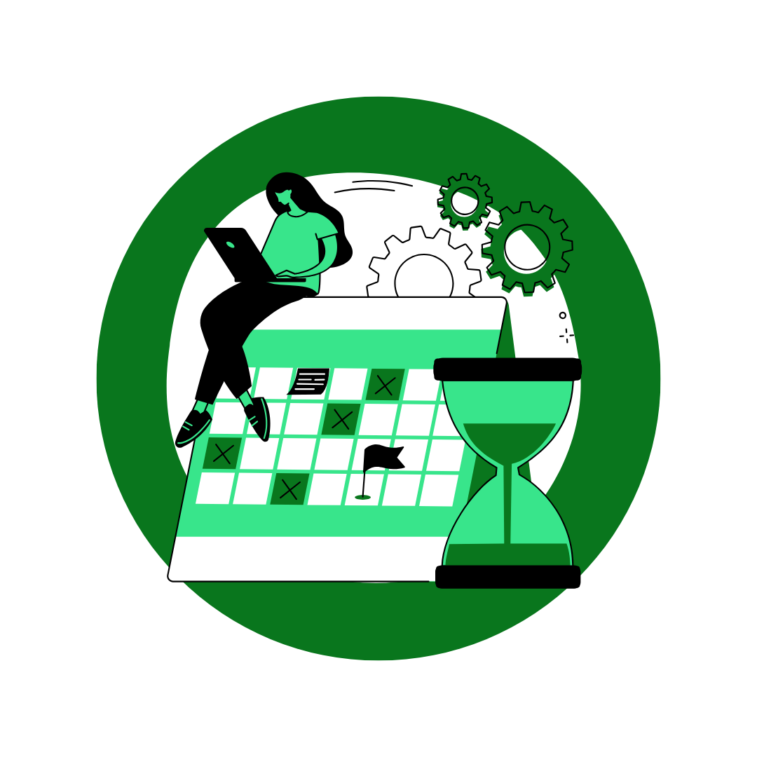 A professional screenwriter sitting on a calendar with a laptop, surrounded by gears, an hourglass, and a golf flag, symbolizing planning and time management.