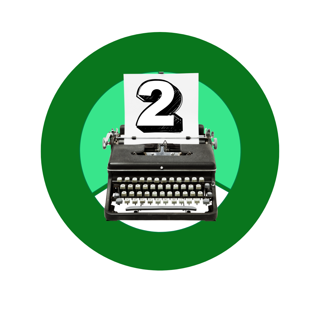A vintage black typewriter with a paper inserted displaying the number two in bold black font, set against a green circle background.