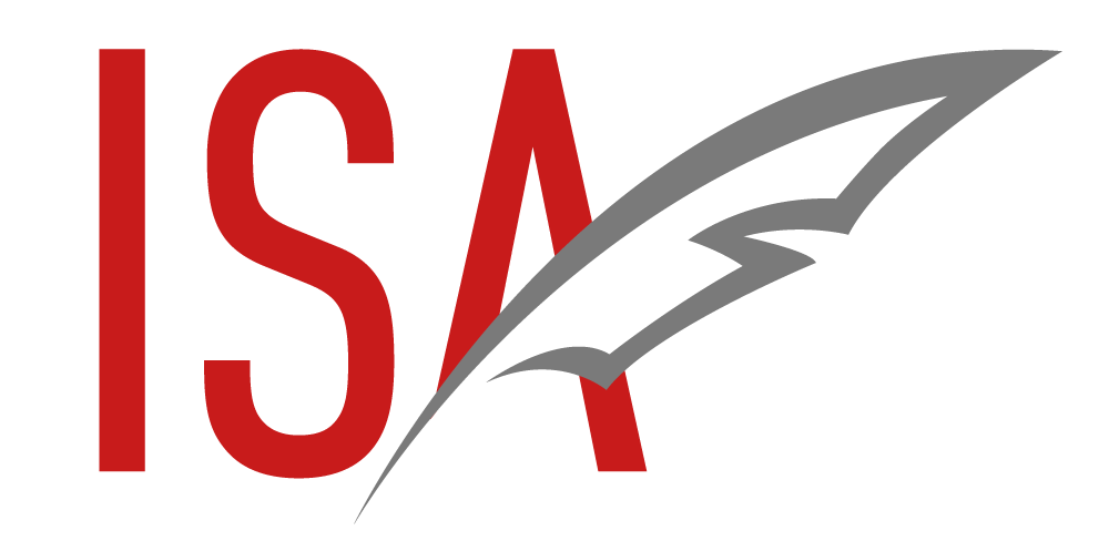 ISA logo with red letters and a stylized gray feather.