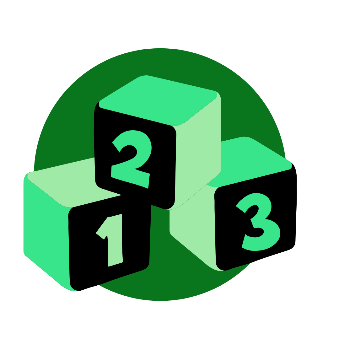 3 black and green blocks numbered 1, 2, and 3 on a green circular background.