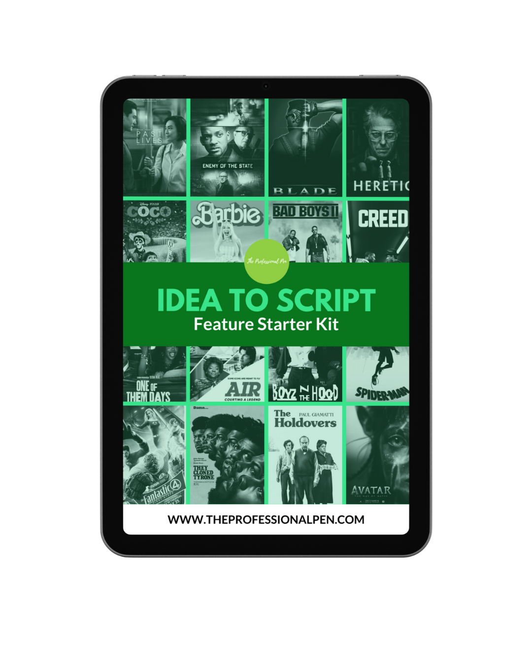 E-book cover titled 'Idea to Script' featuring a collage of movie posters and the website URL www.theprofessionalpen.com