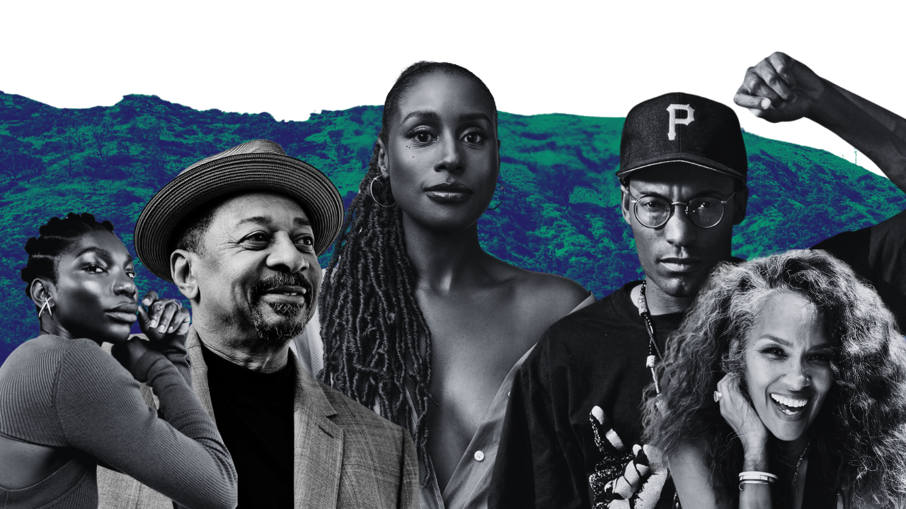 Michaela C., Robert T., Issa Rae, John S., Mara B. standing in front of a mountain landscape, including a woman with braided hair, a man wearing a fedora, a woman with curly hair, a man with glasses and a cap, and a woman with curly hair laughing.