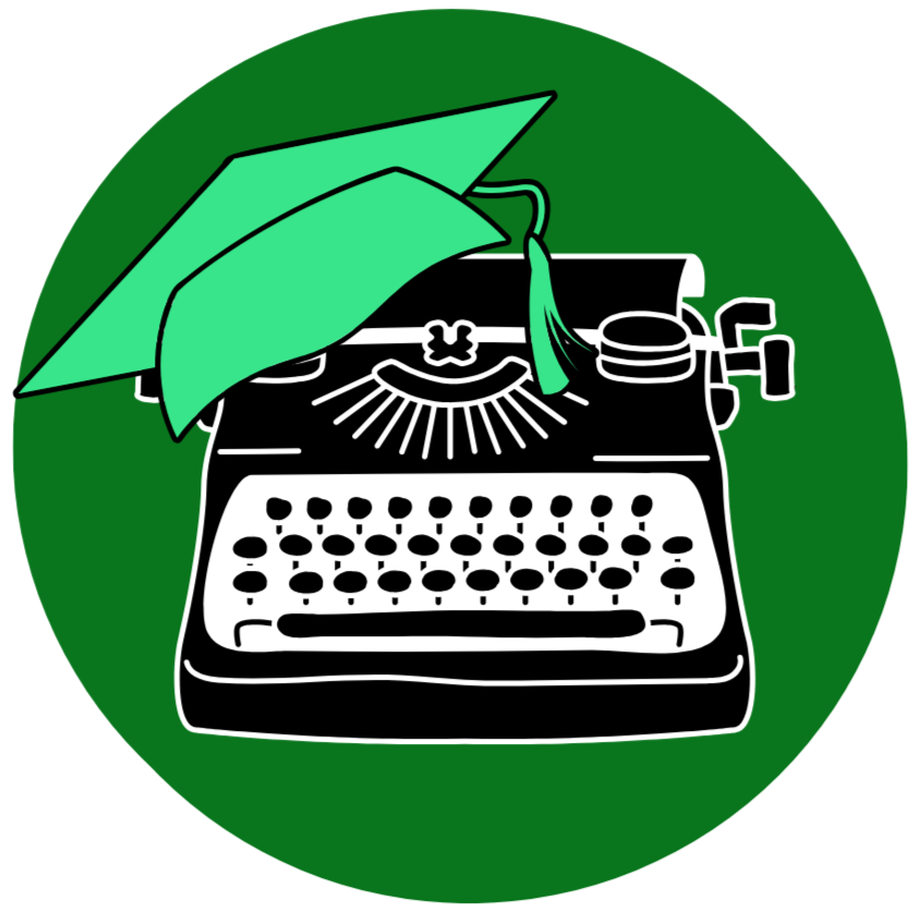 A typewriter with an open green umbrella resting on it, featuring a green tassel, set against a dark green circular background.
