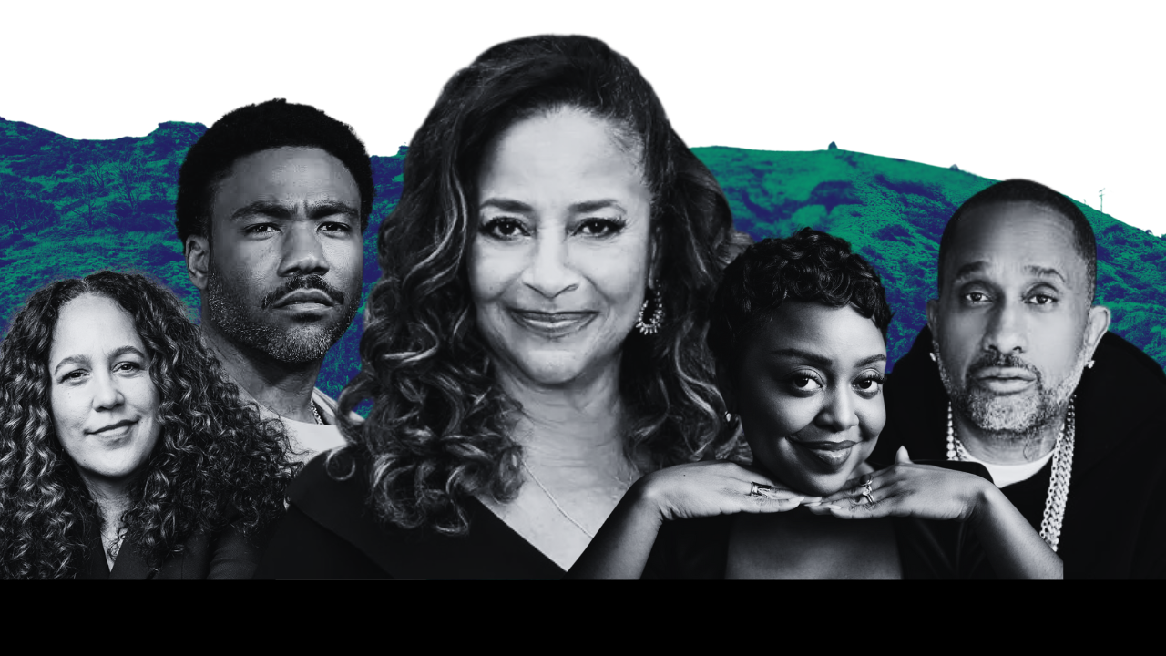 Group of five diverse people, three women and two men, posing against a nature background with mountains and green trees, in black and white.