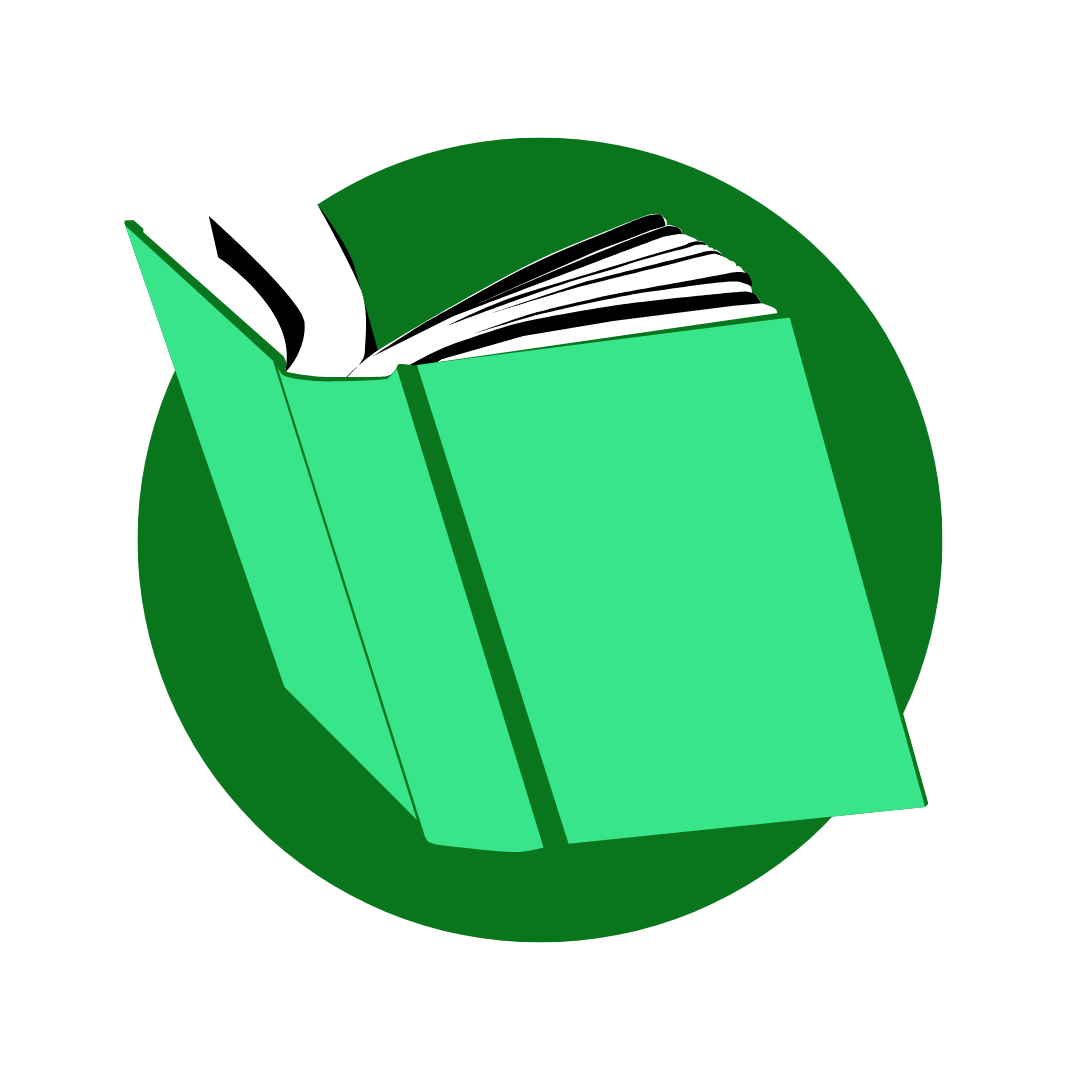 A graphic illustration of a teal-colored open book on a dark green circular background.