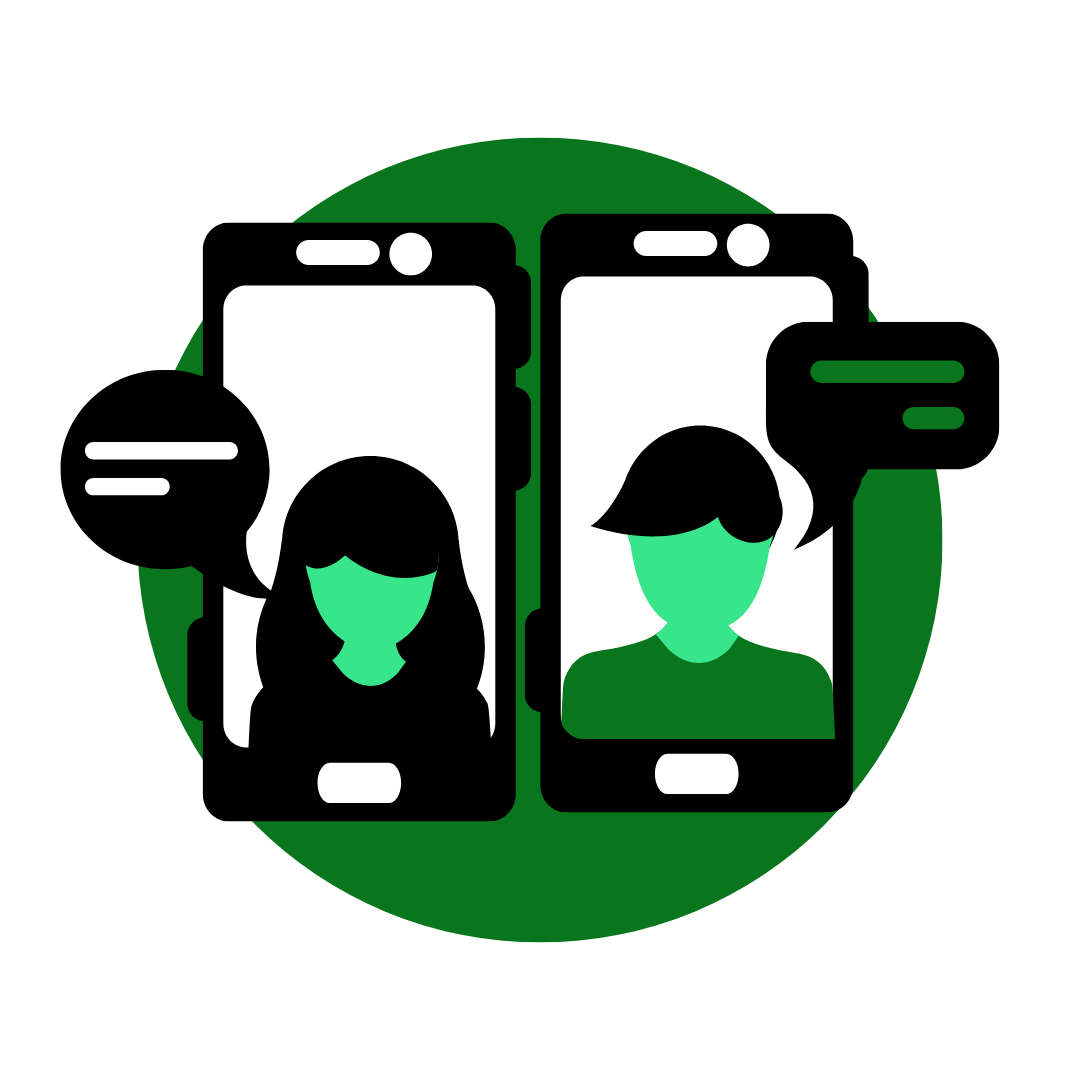Digital illustration of two smartphones showing video calls with a female and a male, inside a green circle background.