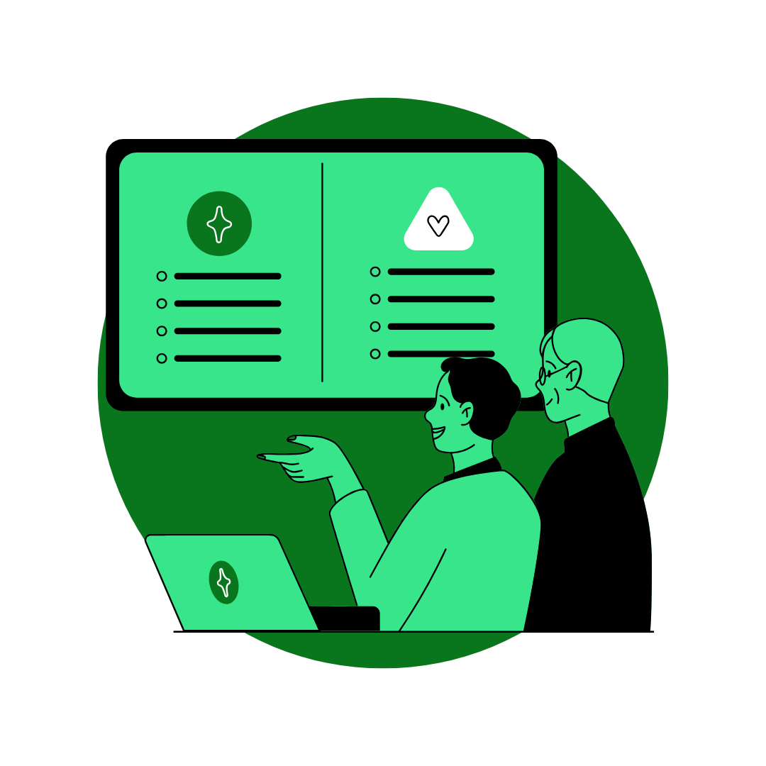 Illustration of two people discussing a digital presentation with icons and checklists displayed on a large screen.