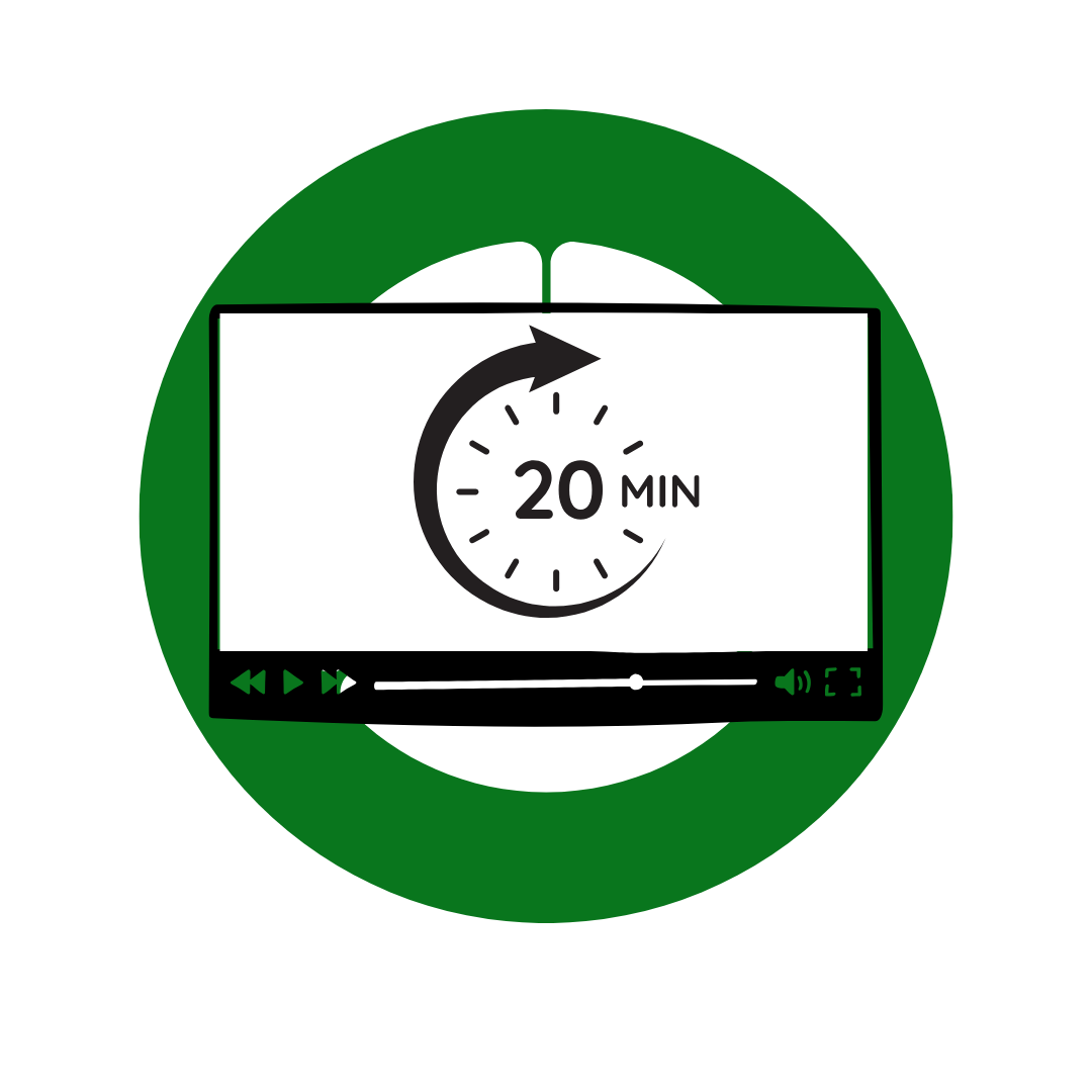 Video player icon with a 20-minute countdown clock, rewind, play, pause, and volume buttons on a circular green background.
