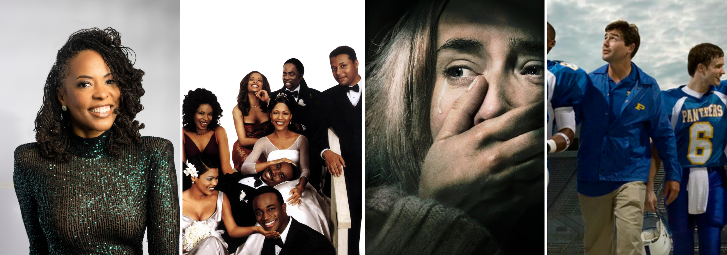 Collage of four photos: a smiling Black woman in a sparkly top, a group of diverse people at a wedding, a woman crying with a hand over her face, and football players in blue uniforms walking on the field.