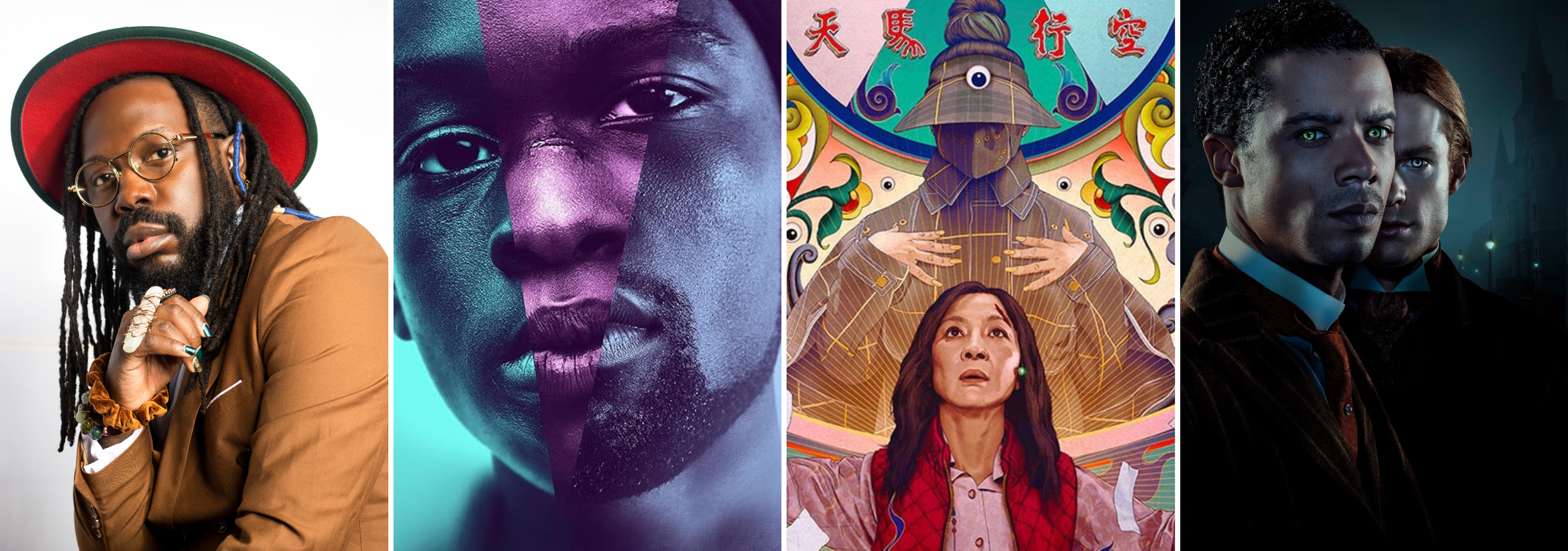 A collage of four different images: a man with long dreadlocks, glasses, and a red hat looking at the camera; a close-up of a woman's face with artistic purple and teal lighting effects; an abstract illustration featuring a figure with a hat and colorful background elements; a photo of three men in suits with intense expressions, set against a dark cityscape background.