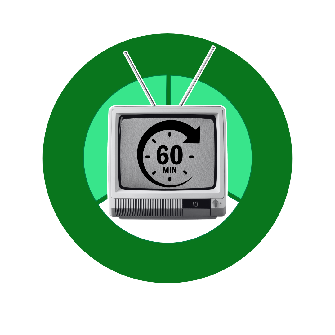 A vintage television set displaying a screen with a clock icon, the number 60, and the word MIN, indicating 60 minutes.