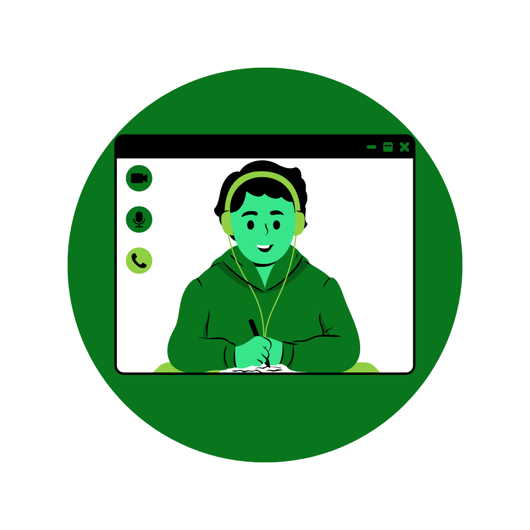 Illustration of a person speaking on a video call with headphones, within a computer window, with icons for video, microphone, and phone on the side.