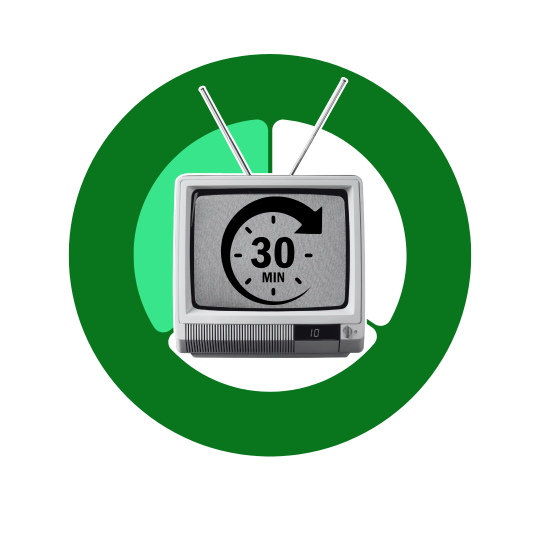 A vintage black-and-white television screen displaying a clock icon with a 30-minute timer, placed in front of a background with a large green shape and smaller green accents.