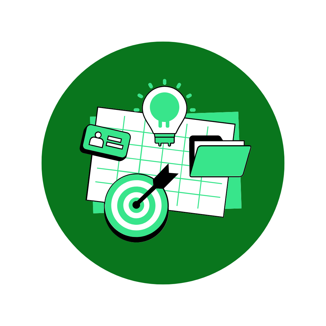 Icon representing strategy or planning, including a target with an arrow, a lightbulb, files, and an ID card on a green circular background.