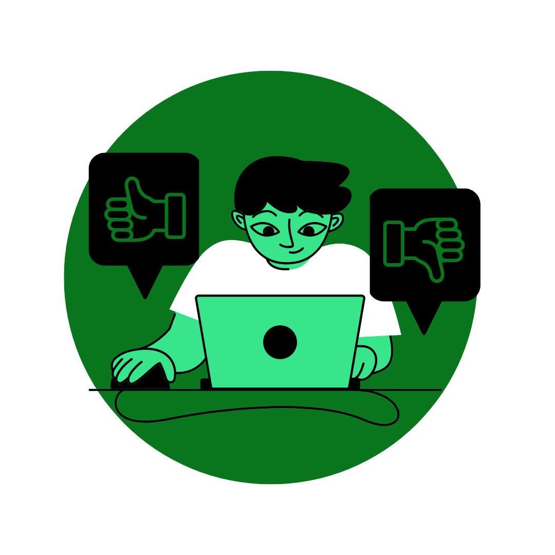 Illustration of a person working on a laptop with a neutral expression, surrounded by two speech bubbles showing thumbs up and thumbs down symbols.