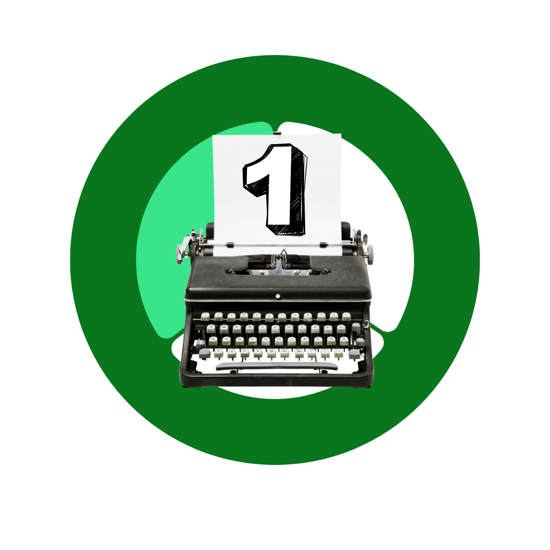 A vintage typewriter with a sheet of paper displaying a large number one, set against a background with green, white, and black sections.