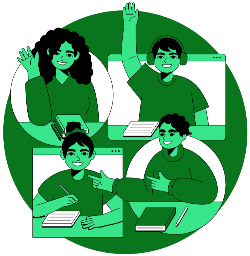 Four people participating in a virtual meeting, waving, smiling, and engaging with each other through computer screens with books and notes on the table.