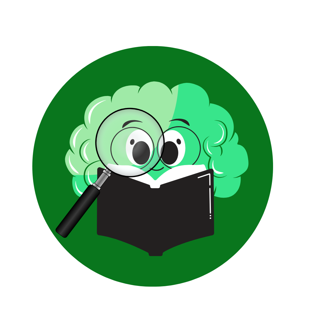 Cartoon green brain with large eyes, holding a magnifying glass and reading a black book, set against a green circular background.