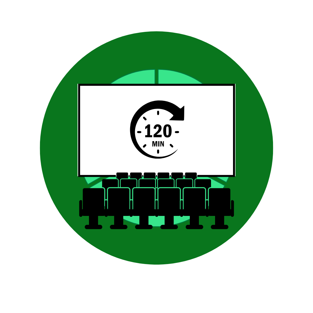 A digital presentation about a 120-minute timer, featuring an icon of a clock with an arrow around it, surrounded by eight theater seats in a dark green circle.