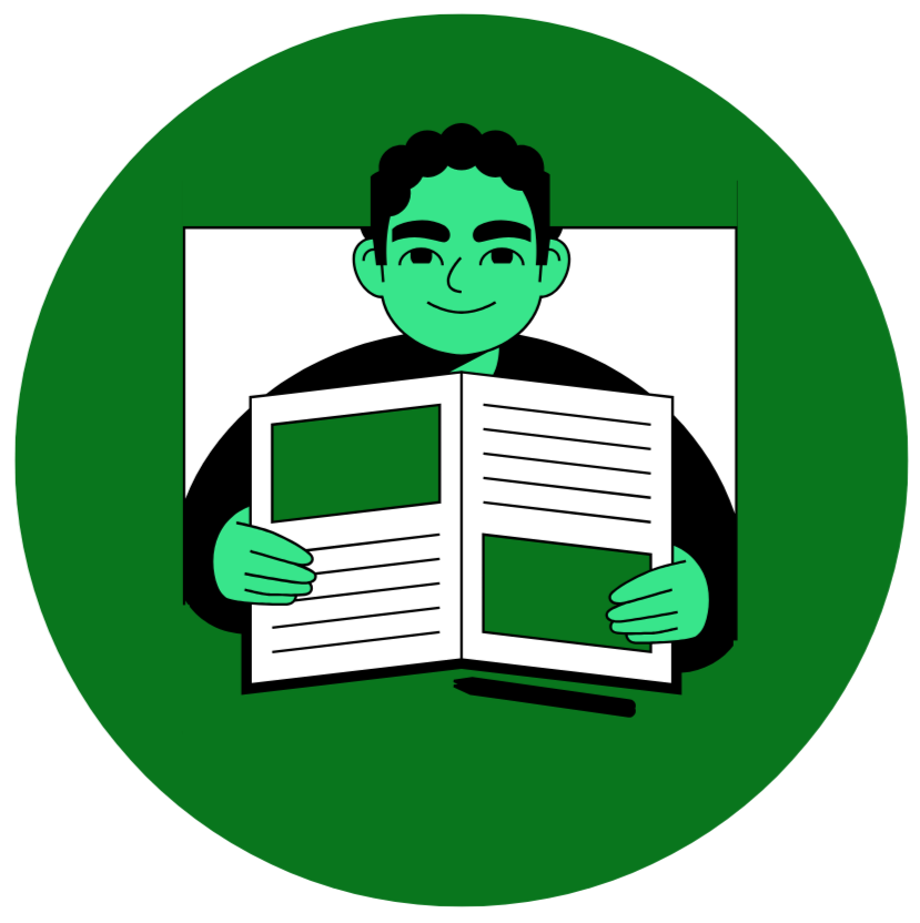 Illustration of a person reading a newspaper, set against a green circular background.