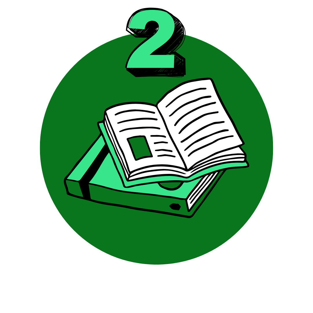 A green circular badge with the number 2 at the top, featuring an open book placed on a closed book underneath.