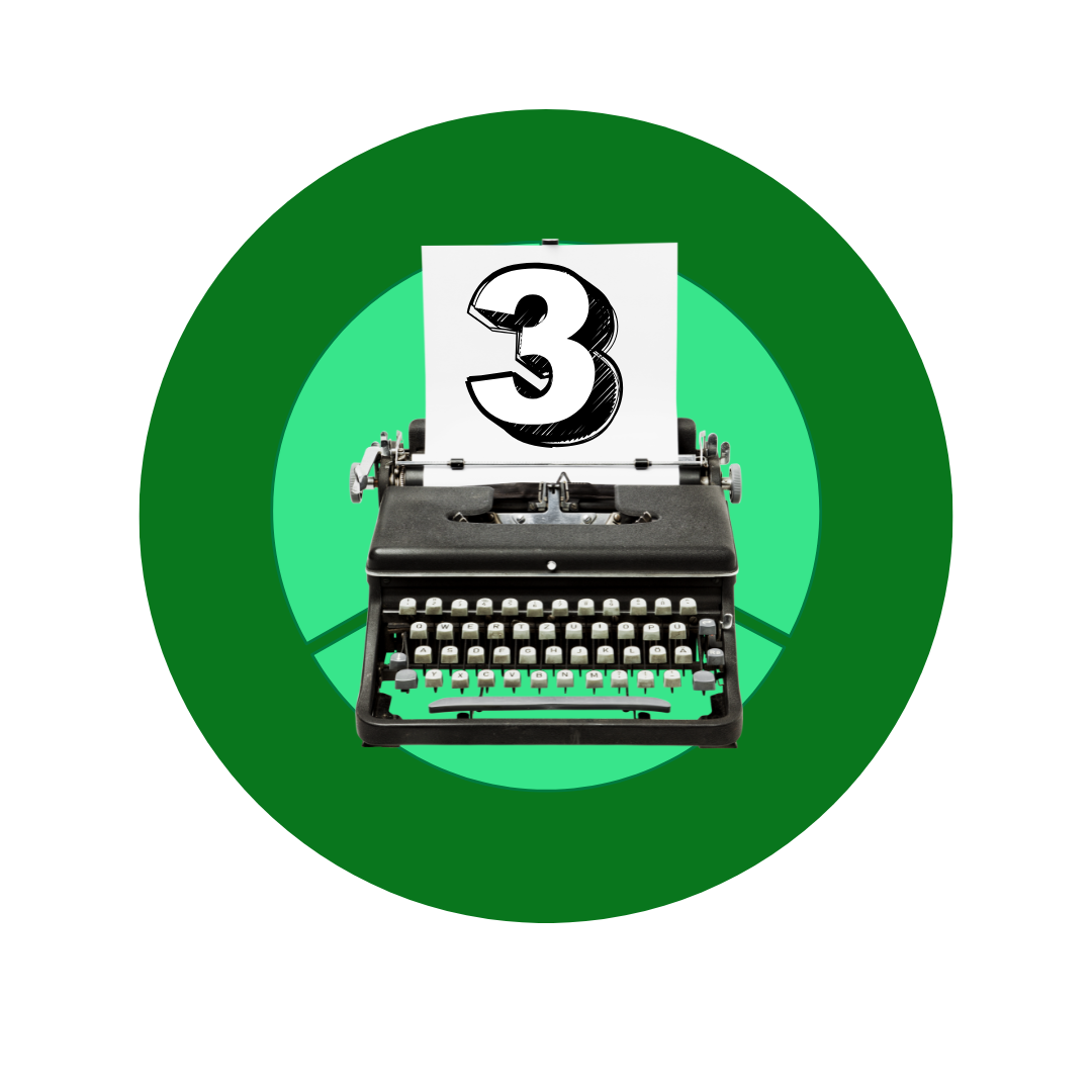 Typewriter with a paper displaying the number 3 on it, centered over a green circle with a larger dark green background.