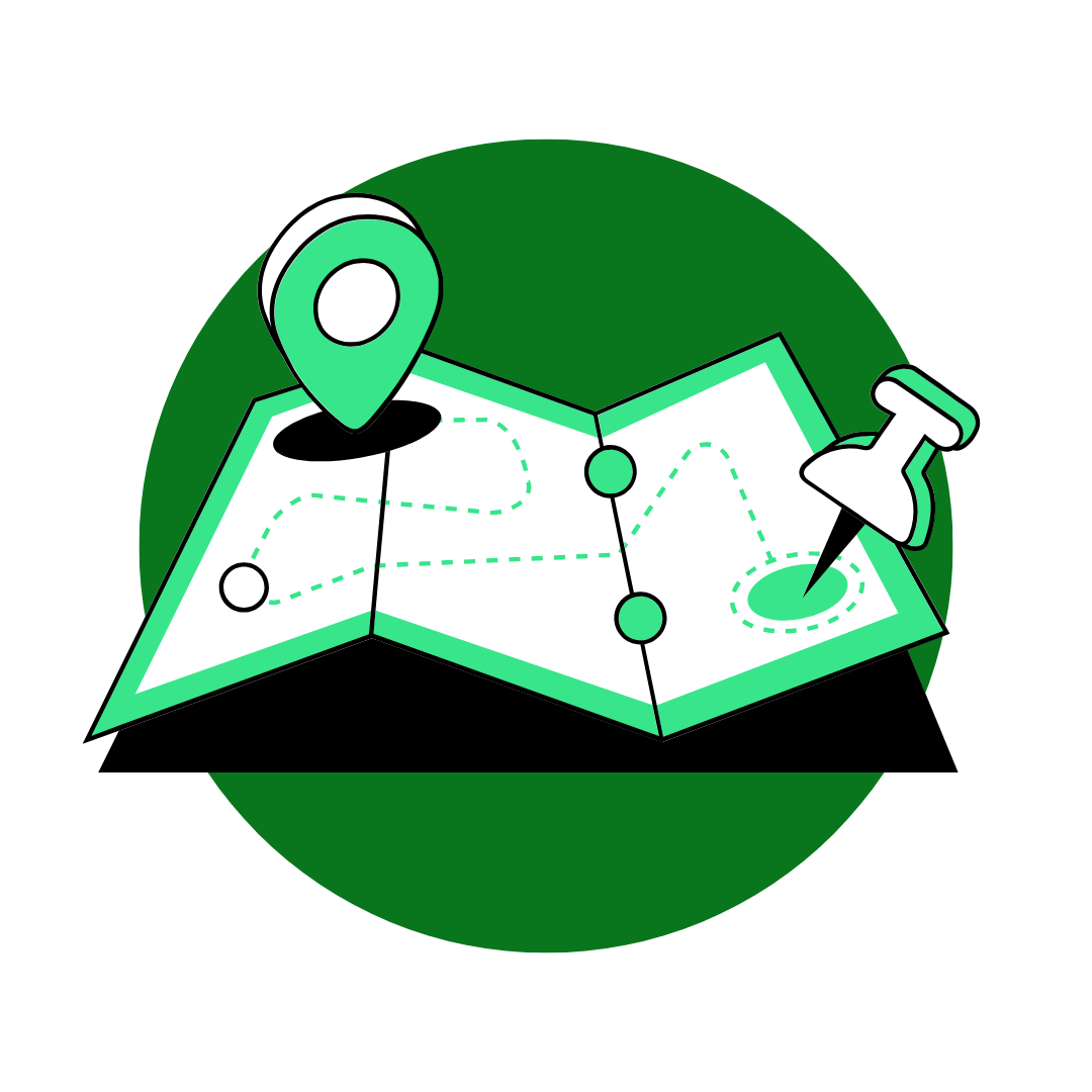 Illustration of a map with a location pin, dotted path, and pushpin marker, set against a green circular background.