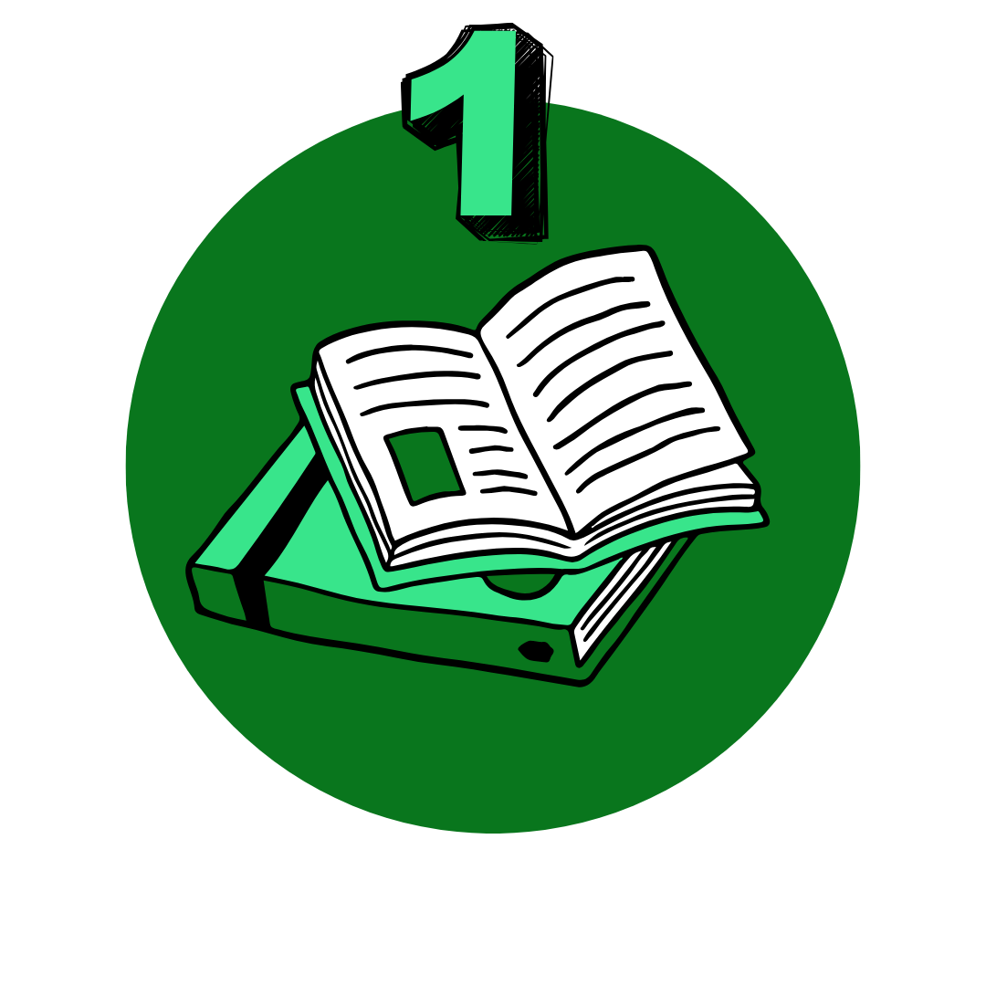 A green circular icon with an open book and a closed book underneath it, and a large number 1 at the top.