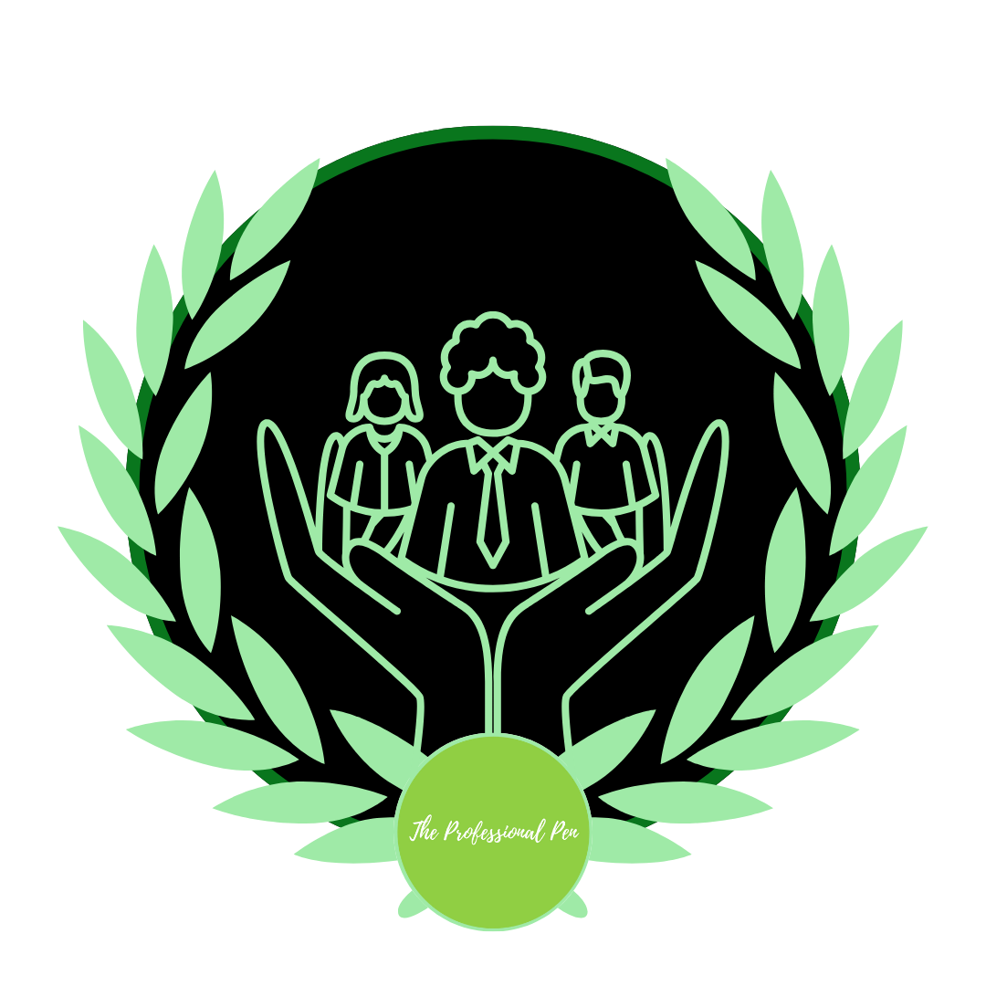 A green laurel wreath surrounds a neon outline of three business professionals with a large pair of hands supporting them. At the bottom, there is a green circle with the text "The Professional Pen" written inside.