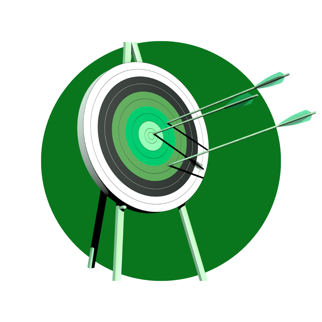 Archery target with three arrows embedded in the center area, set against a green background