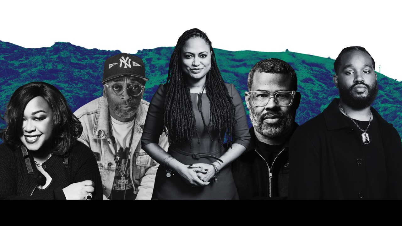Group of five diverse people (Shonda Rhimes, Spike Lee, Ava DuVernay, Jordan Peele, Ryan Coogler) standing in front of a mountain landscape, black and white photograph with a mountain background.