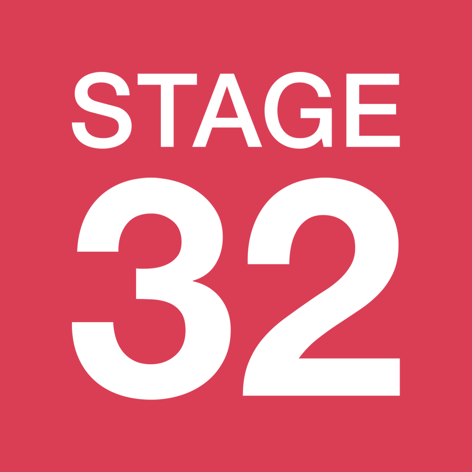Red stage door sign with white text reading "STAGE 32".