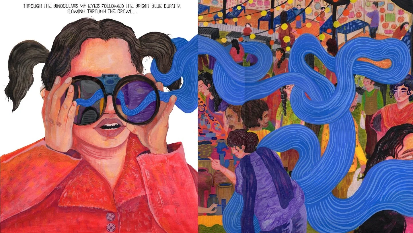 &ldquo;Lost at the Fair&rdquo;-
Gouache on paper

An illustration based on a vivid childhood memory of getting lost in a crowded handicraft fair. Seen from a child&rsquo;s perspective, this piece explores vulnerability, fear, and the importance of aw