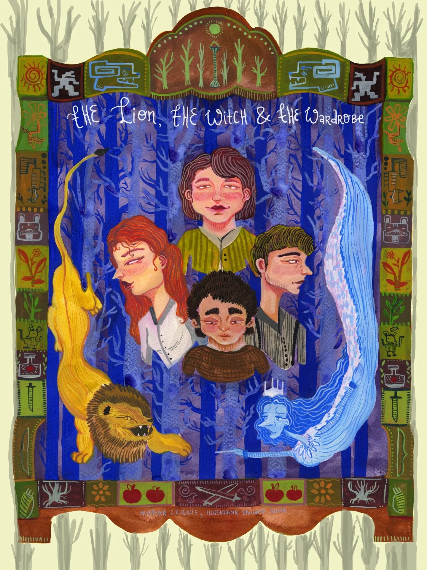 The Lion, The Witch &amp; The Wardrobe
Gouache on paper (A3 &times; 2)
.
.
A reimagined book cover for the first novel in The Chronicles of Narnia. This piece was created for my second project of the semester under the theme Book Covers. Narnia has a