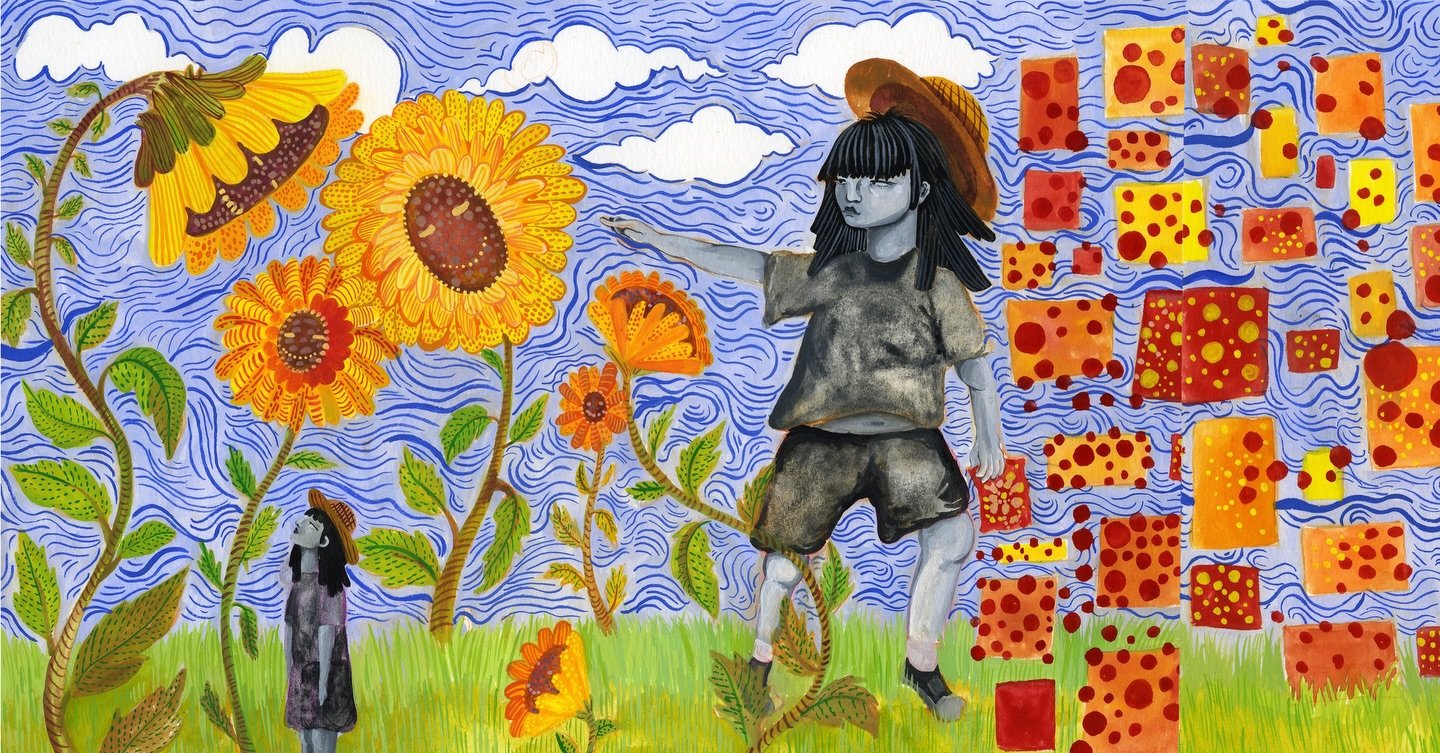 Yayoi Kusama &mdash; Illustrated Biography (Spread)
Gouache on paper

A deeply personal visual narrative of Kusama&rsquo;s childhood and becoming. This spread traces her early visual hallucinations, her mother&rsquo;s disapproval, and the emotional w