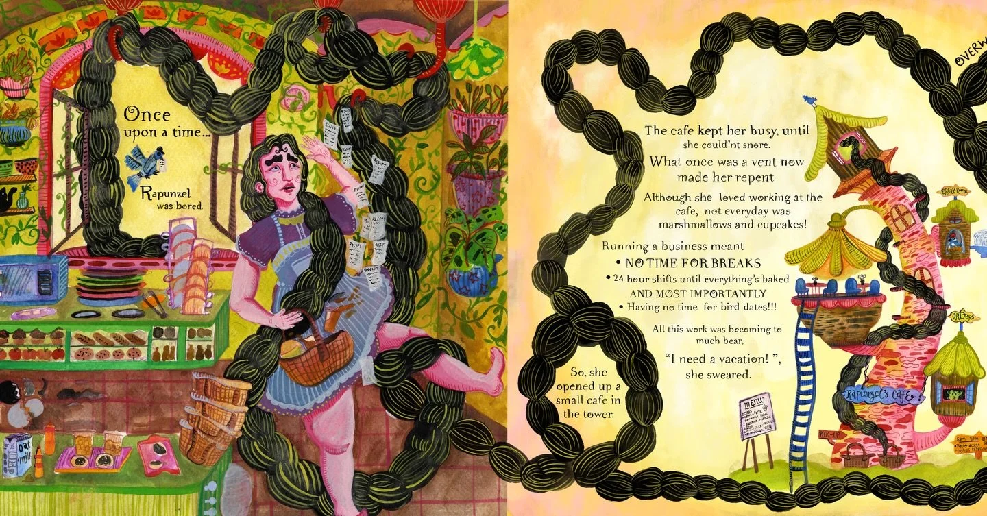 Rapunzel&rsquo;s Caf&eacute; : { Gouache on paper, 34x22 }

a fractured fairytale reimagined.
Through playful storytelling, this work explores the beauty and burden of turning passion into profession: procrastination, burnout, and financial stress wo
