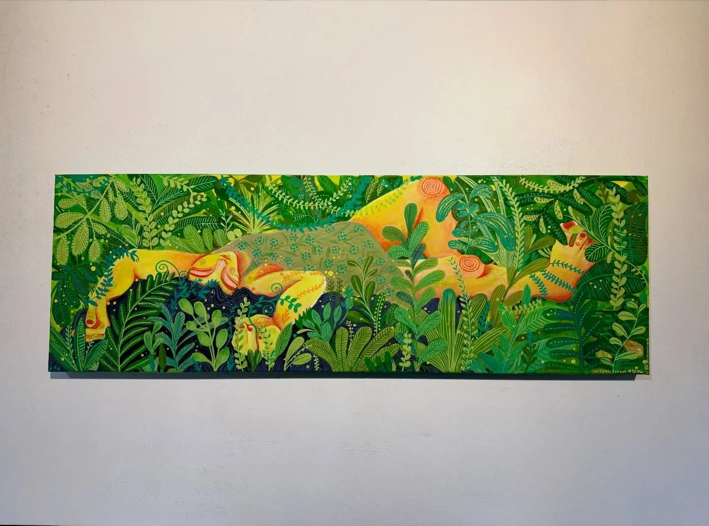 &ldquo;Petrichor&rdquo; 
12&rdquo; X 36&rdquo; Acrylic Gouache on canvas 
capturing the petrichor of rain on sun-warmed soil and grass:  memories of barefoot afternoons spent running wild and dancing freely beneath falling raindrops, pausing to take 